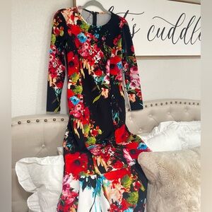 Floral Long Sleeve Dress - Black and Red